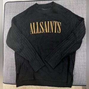 All Saints Black Crewneck Sweater with Gold Lettering